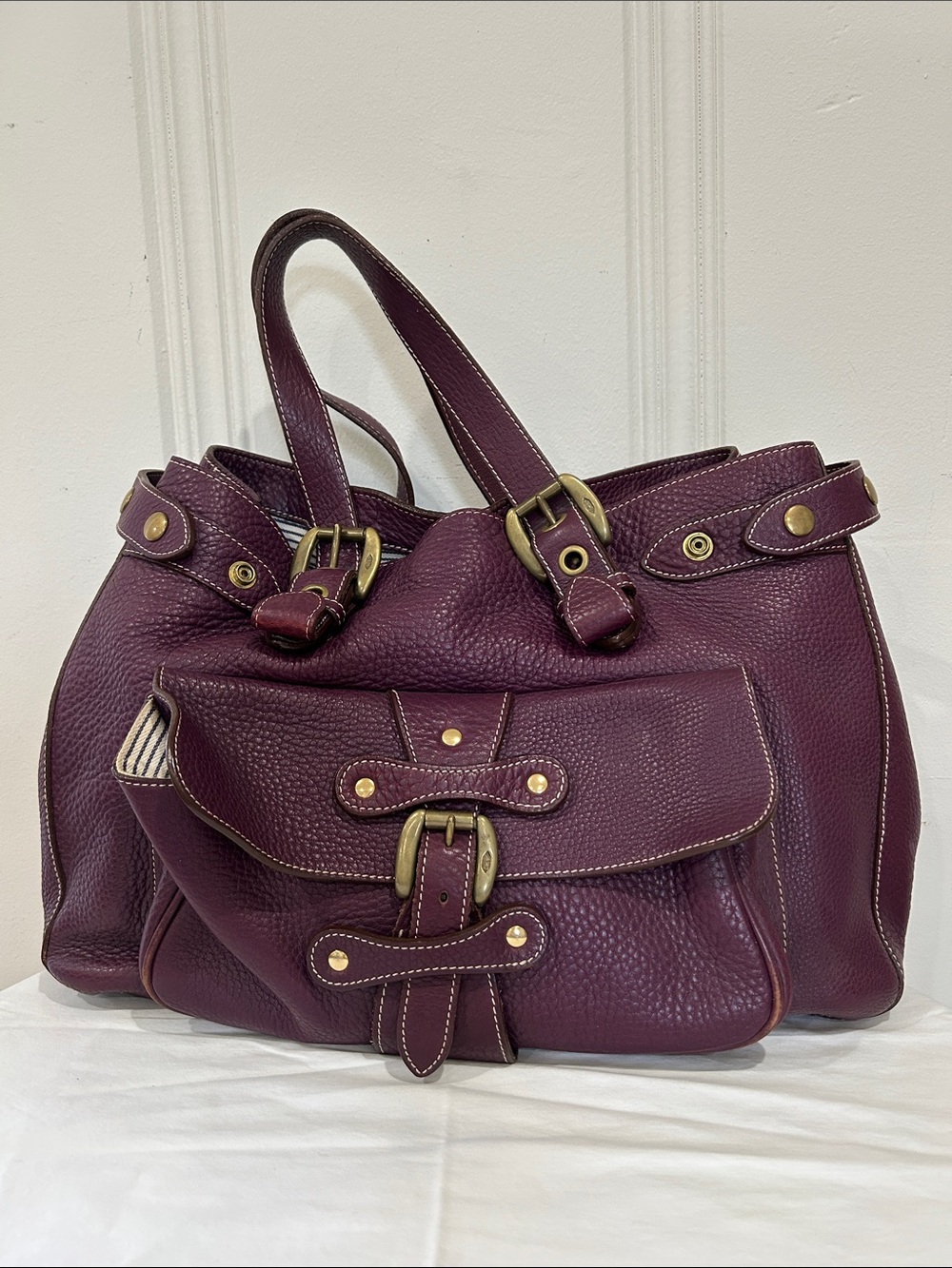 Plum Pebbled Leather Shoulder Bag with Buckle Front Pocket
